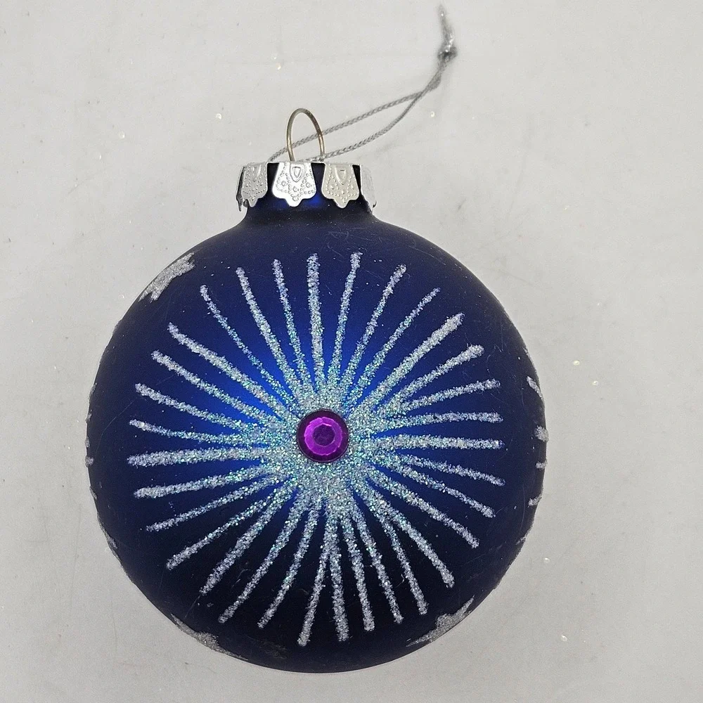 Vintage Blue Glass Christmas Ball Ornament Glitter Starburst‎ Purple Jewel